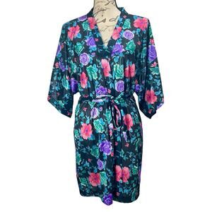 Vintage 80s Women's Floral Robe Satin Knee-Length House Robe Size Large
